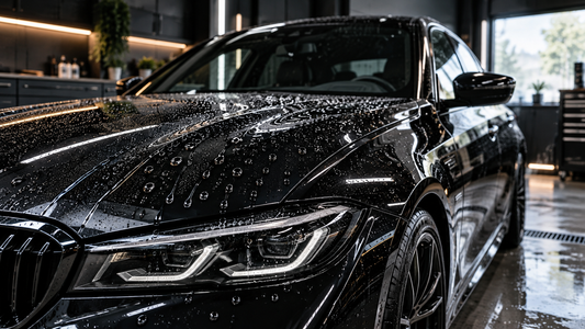 Proteção cerâmica automóvel na Brightness Auto Detailing com efeito hidrofóbico sobre pintura preta