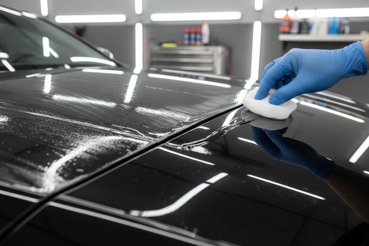 aplicação cerâmica numa viatura, não mostrar pessoas, apenas o processo. não colocar marcas. focado no carro. e que dê para identificar uma parte do carro sem a proteção ceramica e a outra onde a proteção está a ser aplicada