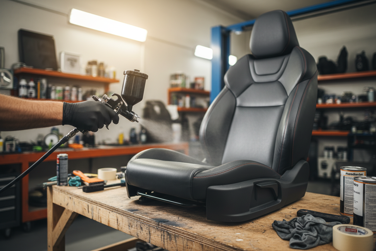 braço a segurar pistola de pintura pequena, a pintar um banco de um automóvel em cima de uma bancada