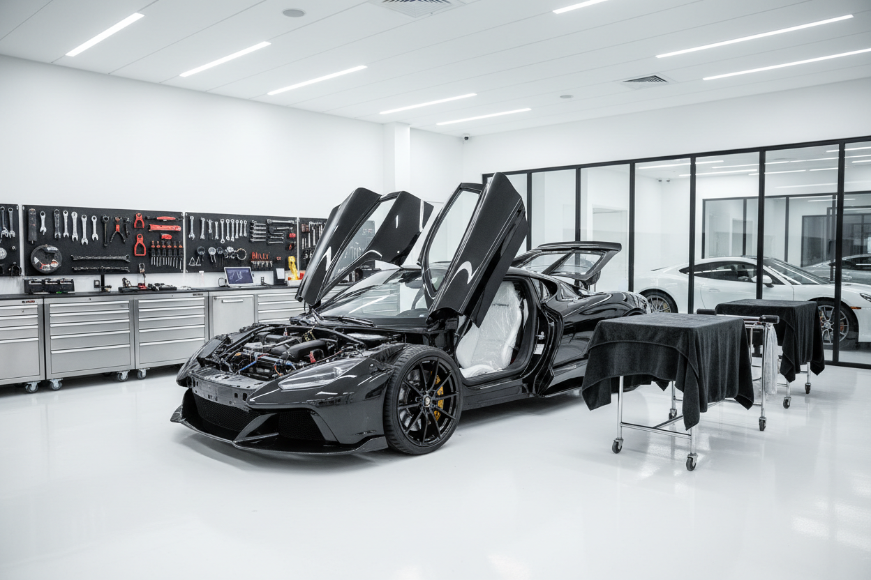 Carro premium em fase de desmontagem controlada, ambiente limpo.