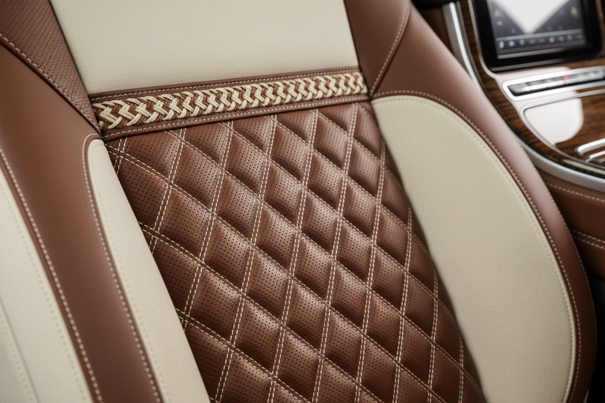 Close-up de banco automóvel premium com costura detalhada.