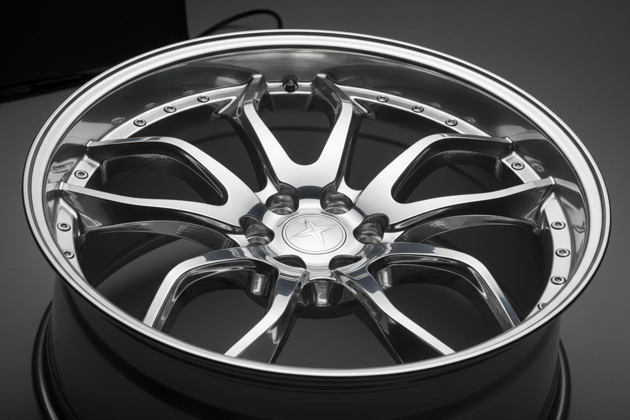 Close-up de jante premium com acabamento perfeito