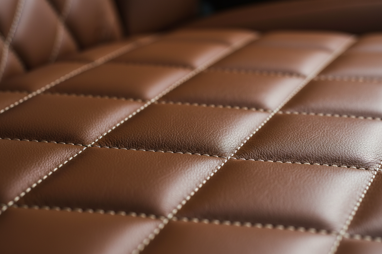 Detalhe de costura diamantada em pele premium, num banco automóvel