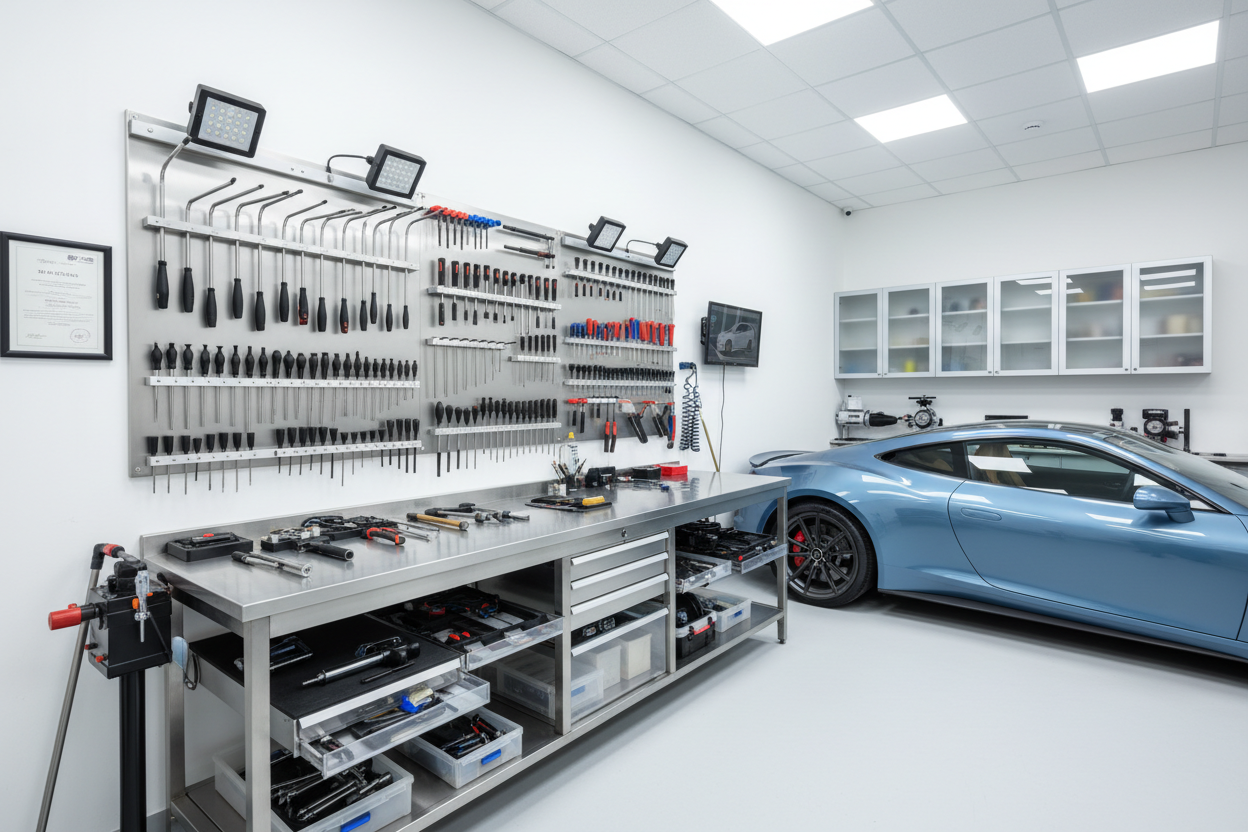 Ferramentas profissionais P.D.R. organizadas em ambiente premium.