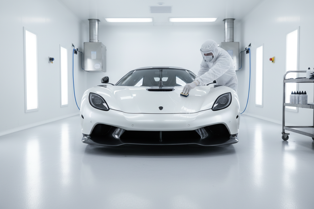 imagem de um super carro, onde esteja a ser aplicado proteção ceramica, a mão que irá aparecer tera uma luva branca, o ambiente de como se tratase de uma sala cirurgica, ambiente controlado