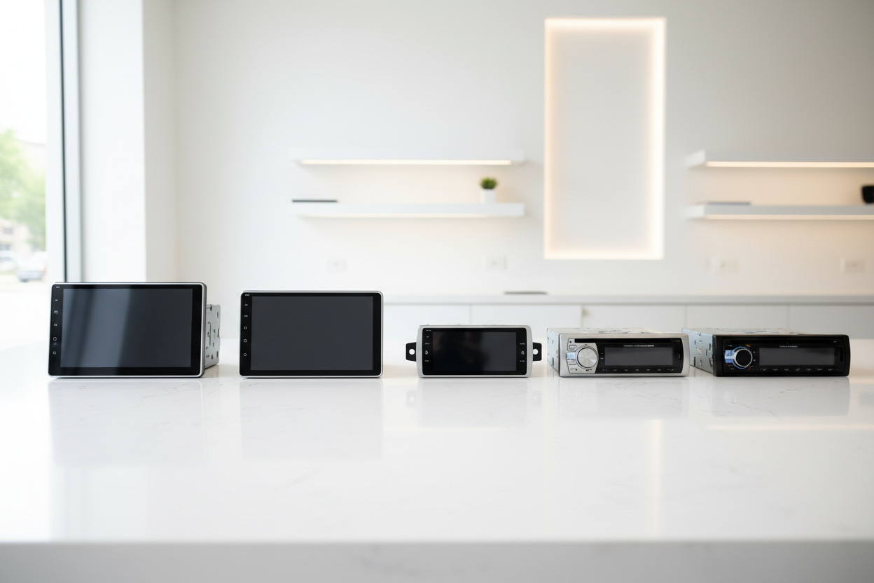 imagem de uma bancada de tampo branco, num ambiente clean, com rádios android e rádio 1 din em cima da bancada, sem marcas nem publicidade
