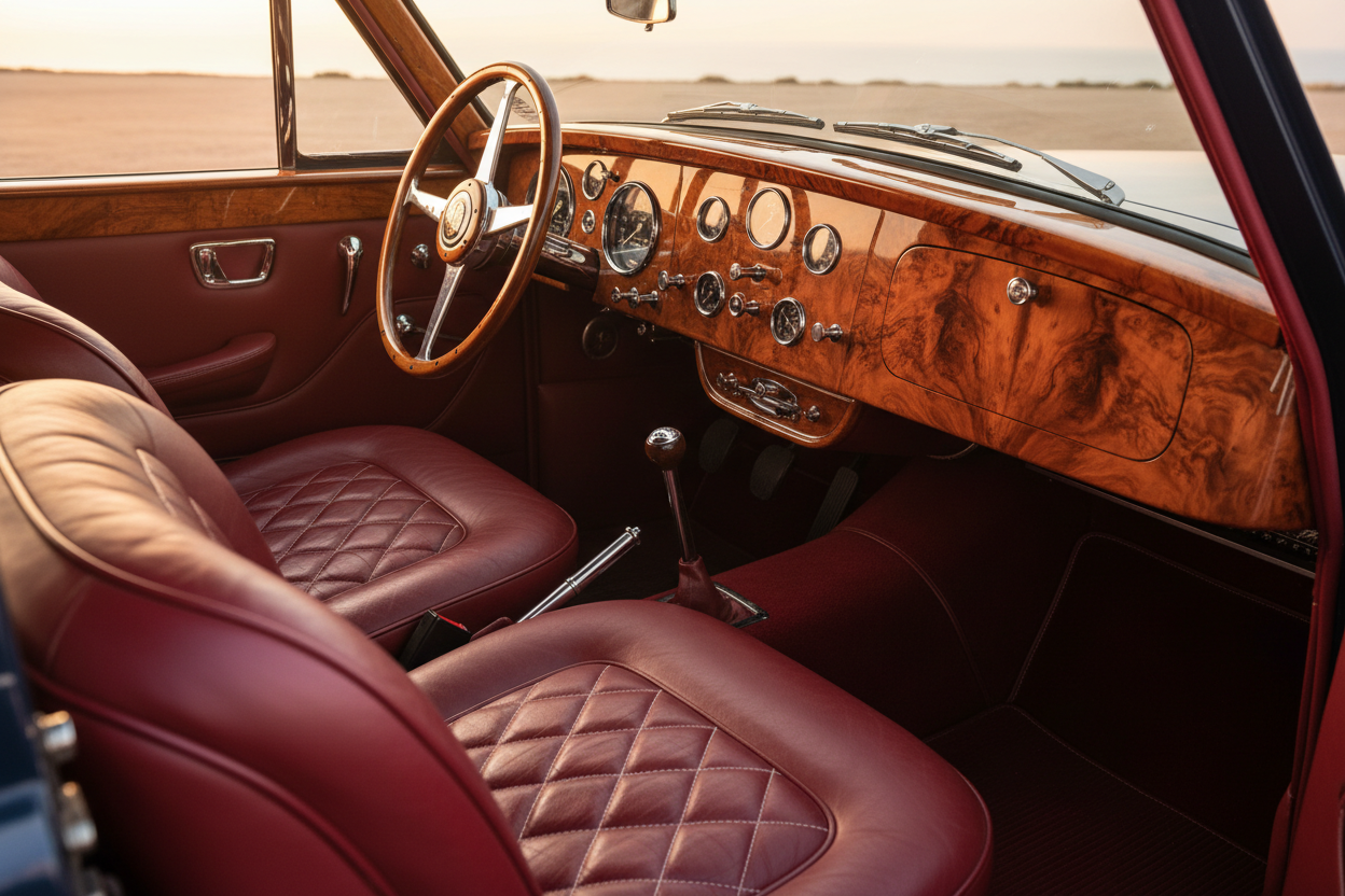 Interior clássico com pele vermelha e madeira