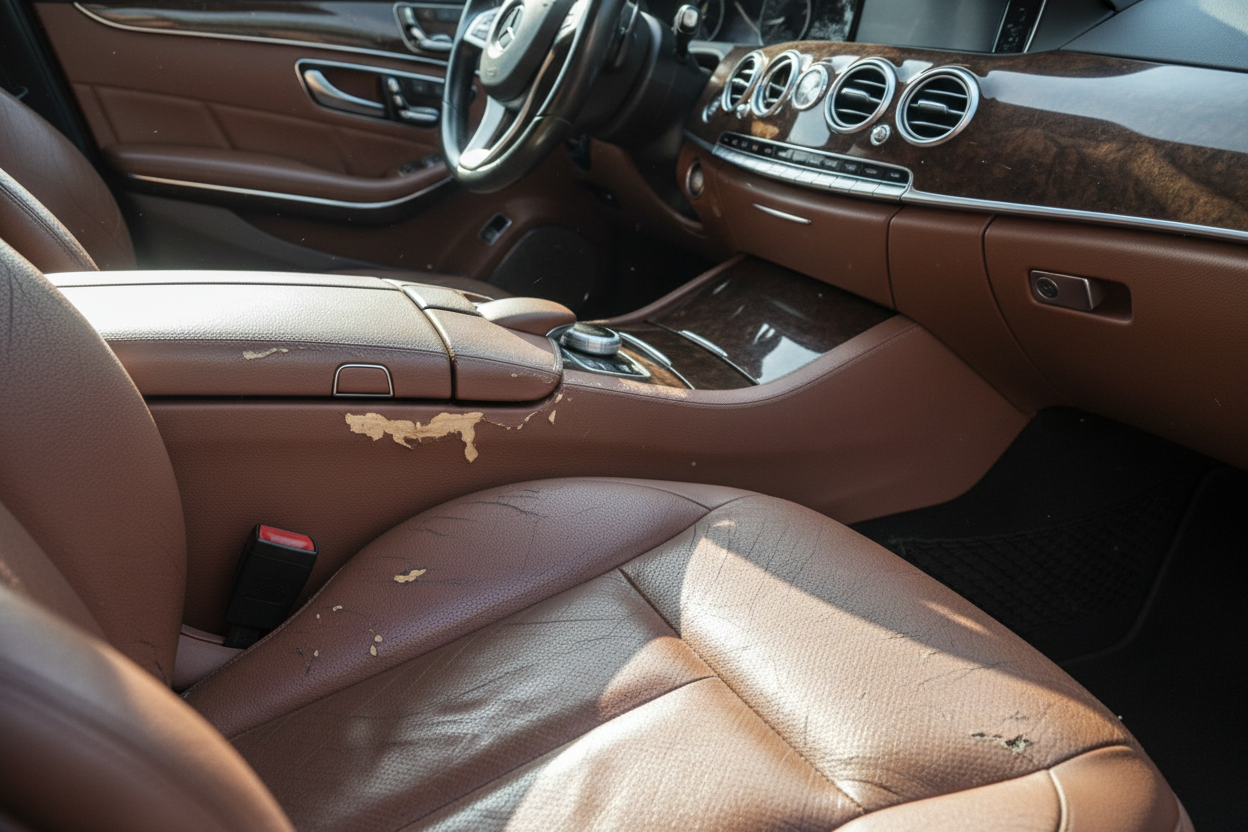 interior de um mercedes, apresentando desgaste no couro, nos botões