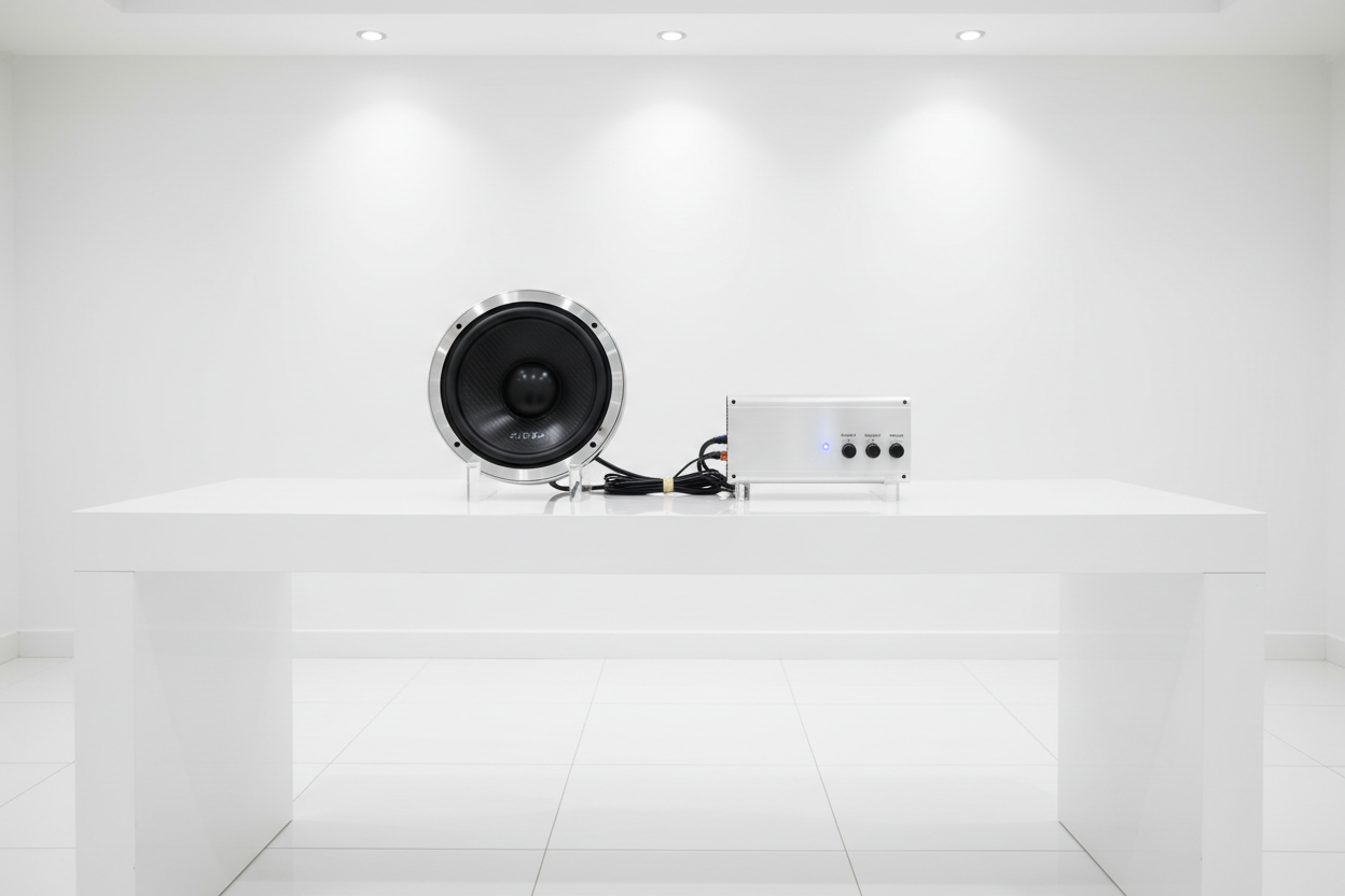 mesa branca em ambiente clean, com subwoofer automovel e amplificador automovel em cima da bancada