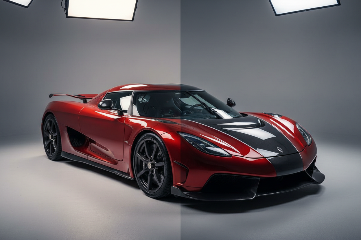 mix de um super carro, com cera aplicada de um lado e selante do outro. sem publicidades, sem humanos na foto