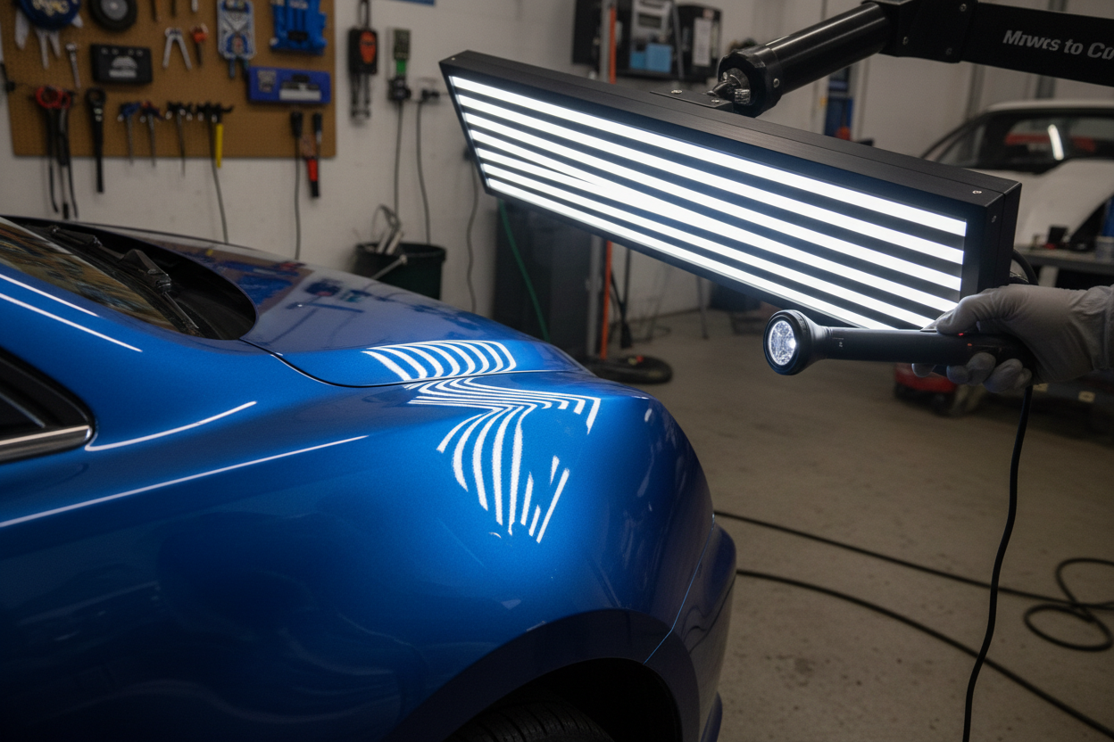 Painel de um carro com marca ligeira visível através de luz de leitura de um tira mossas