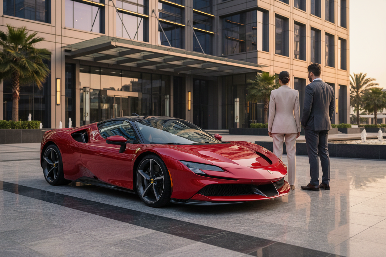 recolha de viatura do cliente na sua empresa, um super carro. com os humanos de costas, luxo, elegancia, requinte