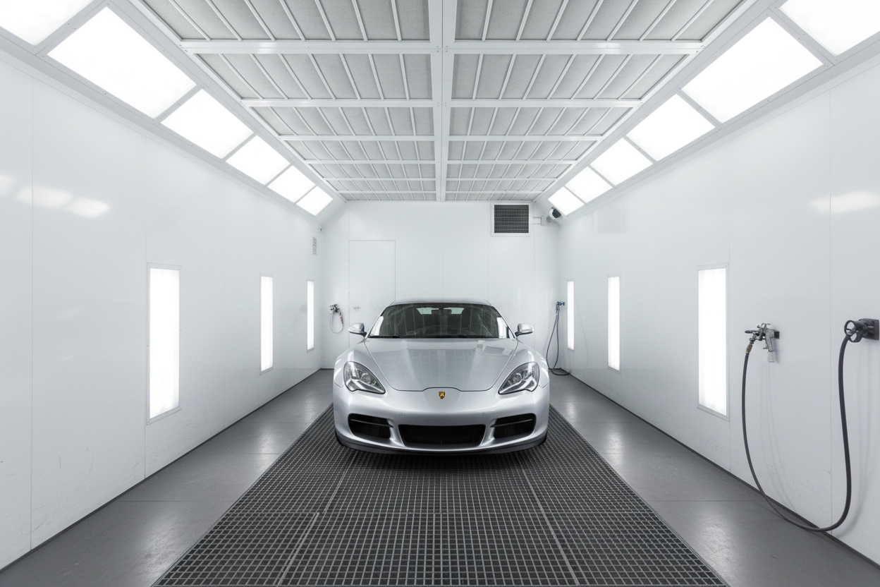 Viatura em cabine de pintura moderna, iluminação branca.